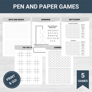 Op de afbeelding: Een printbaar vel met vijf klassieke pen-en-papier spellen: Stippen en vakjes, Galgje, Tic-Tac-Toe, Vier op een rij en Zwarte Piet. De spellen zijn in zwart-wit gedrukt op een witte achtergrond.