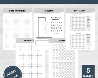 Juegos de lápiz y papel imprimibles: Ahorcado, Batalla Naval, Tres en raya (Descarga PDF)