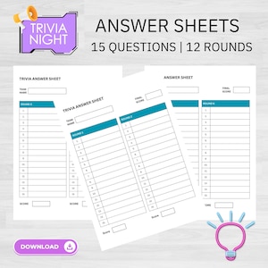 Trivia Answer Sheets | Trivia Quiz | Trivia Night | Printable Trivia Answer Sheets | Game Night | Party Games | Trivia Printables | Trivia