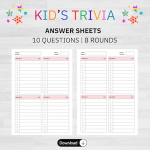 Kid&#39;s Trivia Answer Sheets | Trivia Quizzes | Trivia Night | Printable Trivia Answer Sheets | Game Night | Party Games | Trivia Printables |