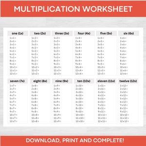 May include: A printable multiplication worksheet with a white background and black text. The worksheet is divided into twelve sections, each representing a different number from one to twelve. Each section contains a list of multiplication problems for that number.