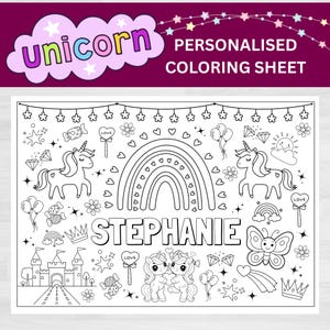 Custom Name Unicorn Coloring Page: Personalized Rainbow Coloring Printable Activity Sheet (Digital Download) image 1