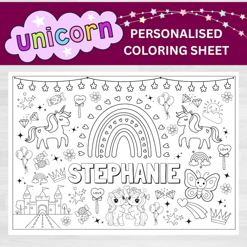 Custom Name Unicorn Coloring Page: Personalized Rainbow Coloring Printable Activity Sheet (Digital Download) image 1