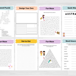 May include: A printable worksheet with a variety of activities for kids, including a crossword puzzle, mazes, dot-to-dot, and word scrambles. The worksheet features colorful borders and illustrations.