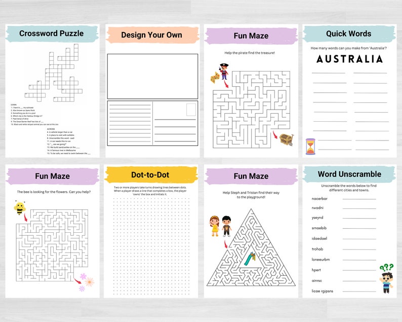May include: A printable worksheet with a variety of activities for kids, including a crossword puzzle, mazes, dot-to-dot, and word scrambles. The worksheet features colorful borders and illustrations.