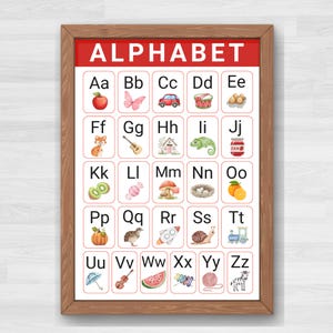 May include: A framed educational poster featuring the alphabet, with each letter paired with a corresponding watercolor illustration. The poster has a red header that reads "ALPHABET". The illustrations include an apple, butterfly, car, and more.