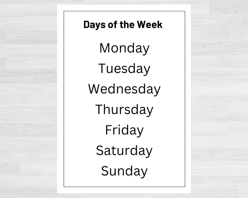 Days Of The Week Printable Chart Days Of The Week Poster Classroom