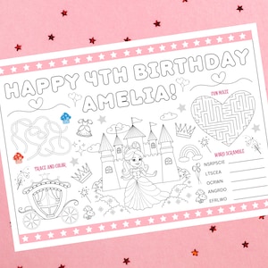 Princess Birthday Activity Placemat | Princess Party Games | Princess Coloring Page | Birthday Party Activities | Princess Activity Page |