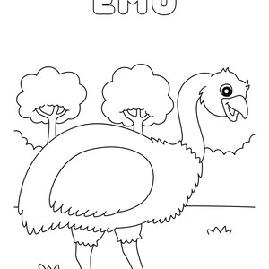 May include: A black and white line drawing of an emu standing in a grassy field with two trees behind it. The word "EMU" is written in large letters at the top of the image.
