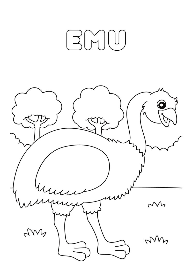 May include: A black and white line drawing of an emu standing in a grassy field with two trees behind it. The word "EMU" is written in large letters at the top of the image.