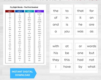 Fry Sight Words First 100 | High Frequency Words | Sight Words Printable | Literacy Resources | Spelling Reading Writing | Learn to Read