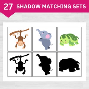 Könnte beinhalten: Ein druckbares Lernspiel mit 27 Schattenzuordnungssets. Das Spiel zeigt farbenfrohe Illustrationen von Tieren wie einem Affen, einem Elefanten und einer Schildkröte sowie deren Schatten. Der Text "27 SHADOW MATCHING SETS" ist oben zu sehen.