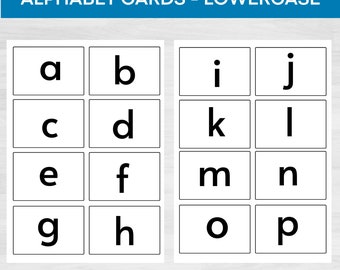 May include: A set of alphabet flash cards featuring lowercase letters printed in black on white cards. The letters are arranged in alphabetical order.