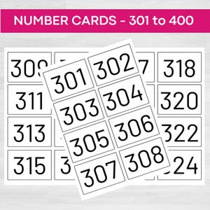 May include: A collection of white rectangular number cards with black numerals, including numbers from 301 to 308. The cards are part of a set labelled "NUMBER CARDS - 301 to 400" in a pink banner. The numbers are in a clear, sans-serif font.