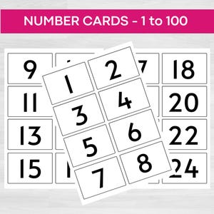 May include: Black and white number cards with numbers 1 through 24. The cards are arranged in a grid pattern. The text "NUMBER CARDS - 1 to 100" is at the top of the image.