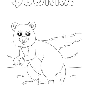 May include: A black and white line drawing of a quokka, a small marsupial native to Rottnest Island, Australia. The quokka is standing on its hind legs with its front paws raised. The quokka is smiling and has large, round eyes. The word "QUOKKA" is written in large, bold letters at the top of the image.