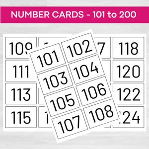 May include: Black and white number cards with numbers 101 to 108 and 111 to 124.