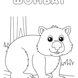 May include: A black and white line drawing of a wombat. The wombat is standing on its hind legs with its front paws resting on a log. The word "WOMBAT" is written in large, bold letters at the top of the image.