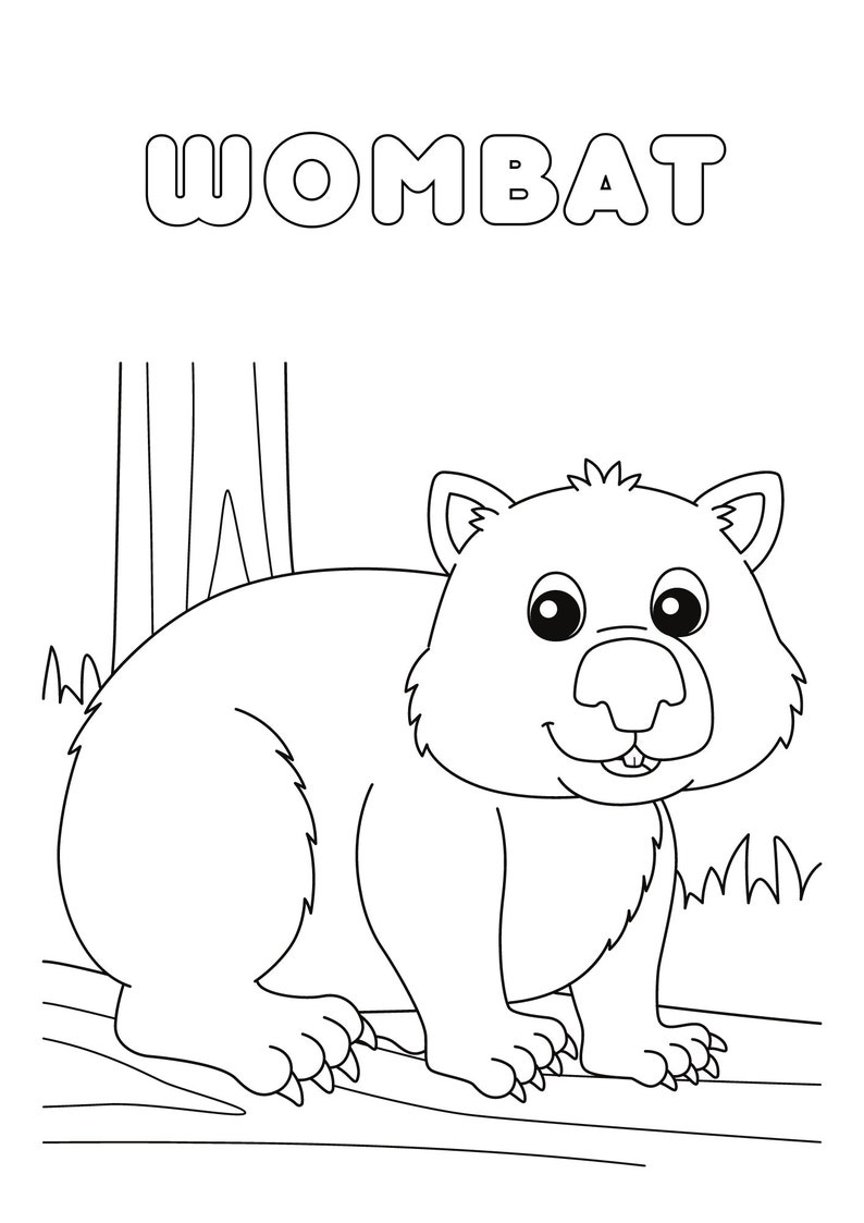 May include: A black and white line drawing of a wombat. The wombat is standing on its hind legs with its front paws resting on a log. The word "WOMBAT" is written in large, bold letters at the top of the image.
