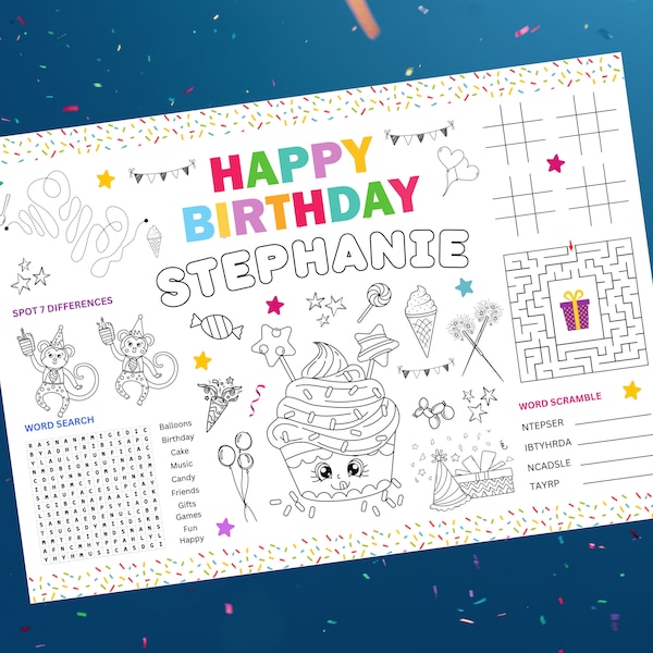 Birthday Coloring Placemat | Printable Birthday Party Coloring Page | Birthday Party Activities | Printable Activity Placemat | Party Games