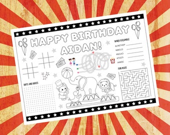 Circus Birthday Activity Placemat | Circus Party Games | Printable Coloring Placemat | Birthday Party Activities | Printable Coloring Page |