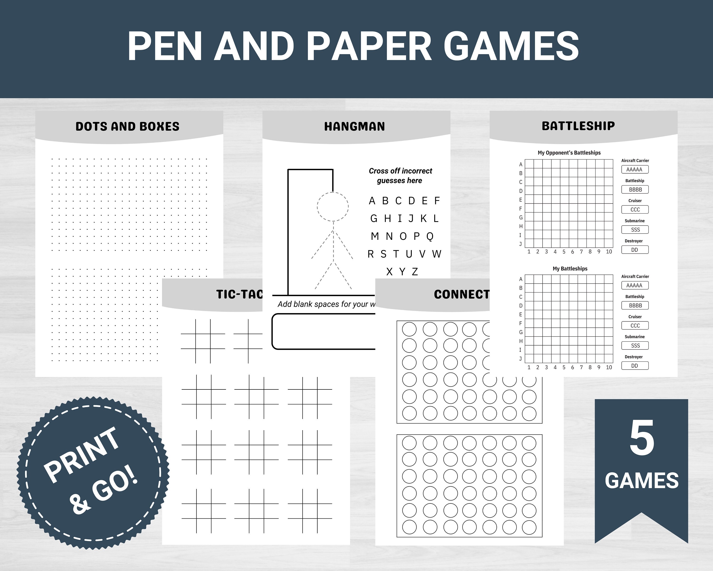 Pen and Paper Printable Games Hangman Printable Battleship - Etsy