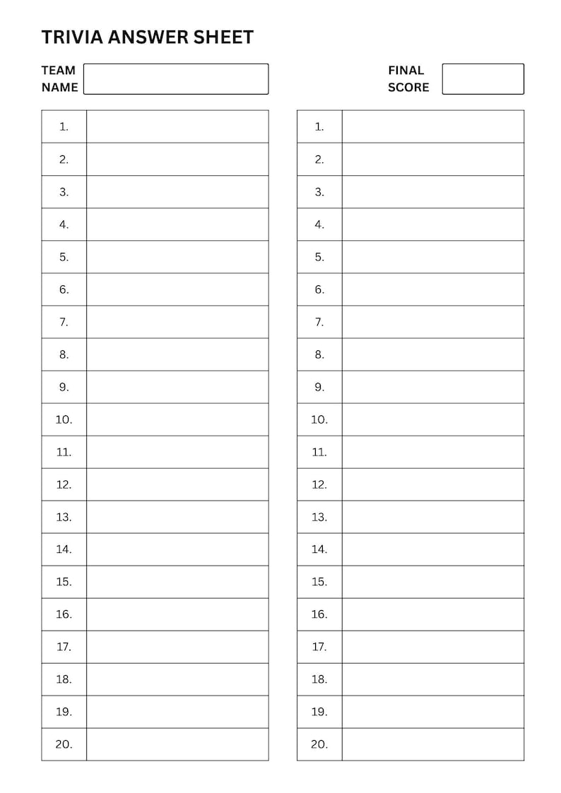 20 Questions Game Worksheet.pdf Trivia Answer Sheets: 20 Question Quiz, Game Night (digital Download ...
