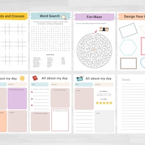 May include: A printable worksheet with activities for kids, including a word search, a maze, a noughts and crosses game, and a design your own section. There are also three "All about my day" pages with prompts for journaling, drawing, and rating the day.