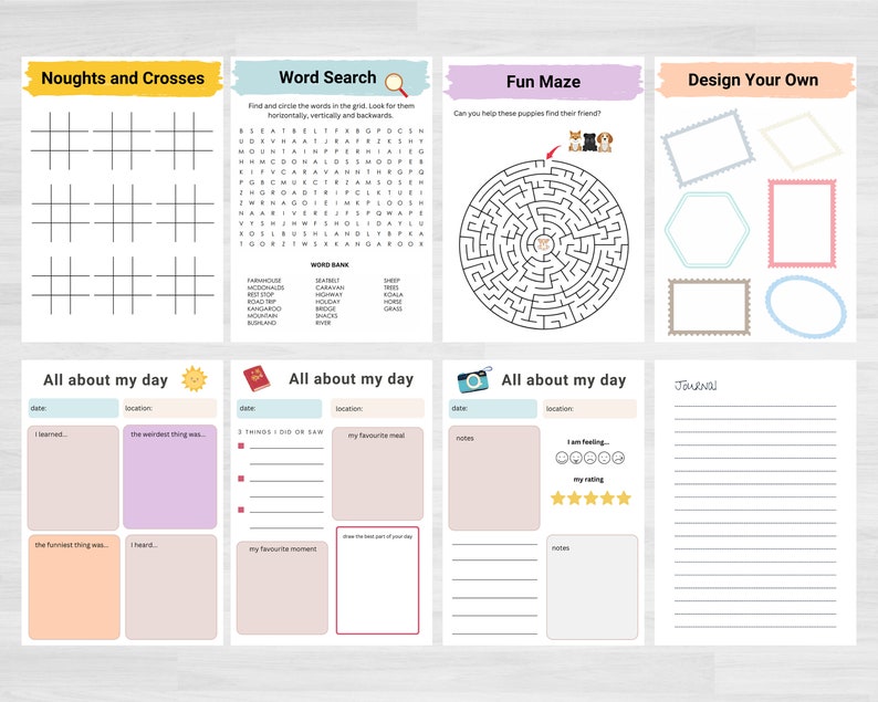 May include: A printable worksheet with activities for kids, including a word search, a maze, a noughts and crosses game, and a design your own section. There are also three "All about my day" pages with prompts for journaling, drawing, and rating the day.