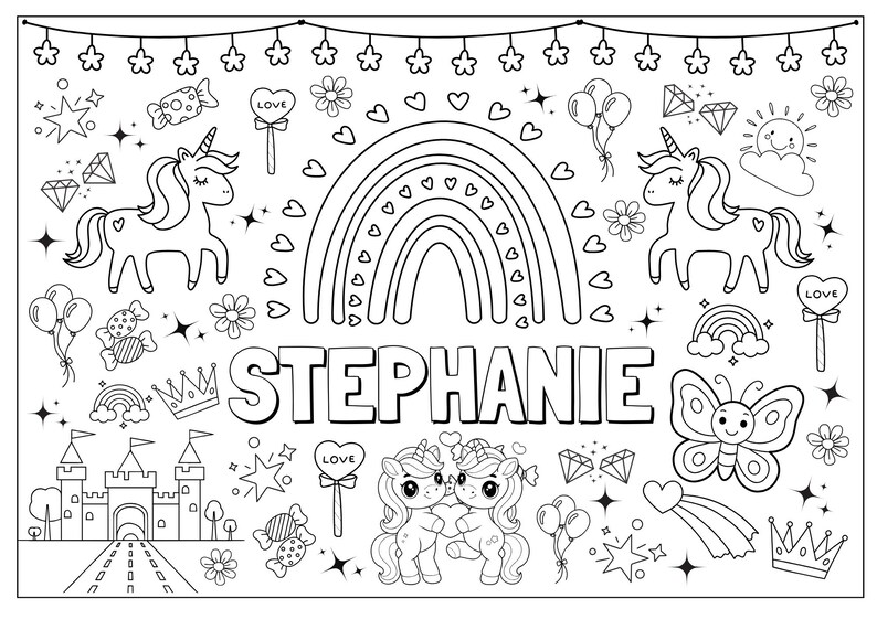 Custom Name Unicorn Coloring Page: Personalized Rainbow Coloring Printable Activity Sheet (Digital Download) image 2