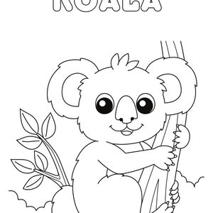 May include: A black and white line drawing of a koala sitting on a tree branch. The koala is smiling and has large, round eyes. The word "KOALA" is written in large, bold letters above the koala.