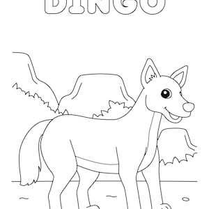 May include: A black and white line drawing of a Dingo, a type of wild dog native to Australia. The Dingo is standing on its four legs with its tail curled behind it. The Dingo is surrounded by simple line drawings of bushes and rocks.