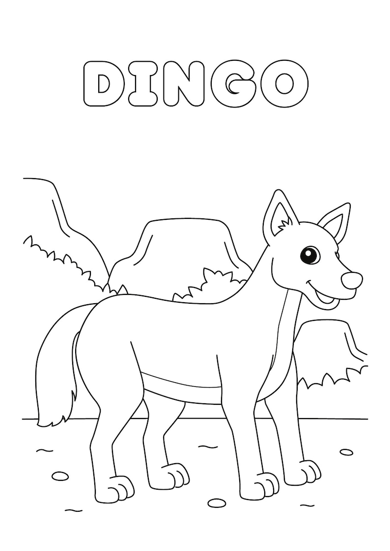 May include: A black and white line drawing of a Dingo, a type of wild dog native to Australia. The Dingo is standing on its four legs with its tail curled behind it. The Dingo is surrounded by simple line drawings of bushes and rocks.