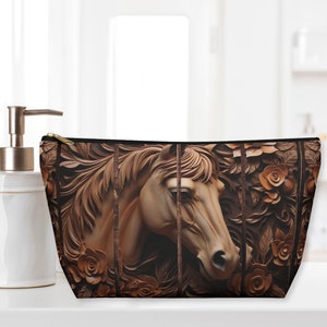 Wood Horse Head Accessory  Pouch w T-bottom, Country Western Vibe Makeup Bag, Horse Lovers Cosmetic Travel Case, Toiletry Organizer Storage