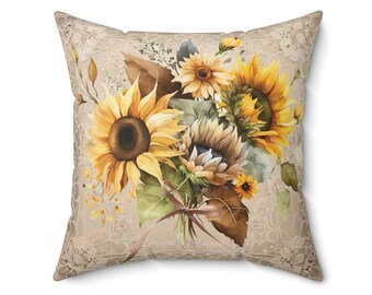 Sunflower Lace Square Pillow Decorative Yellow Floral Country Throw Pillow Farmhouse Accent Pillow Housewarming Gift Sunflower Collection