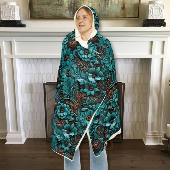 Teal Wooden Floral Hooded Snuggle Blanket Country Western Vibe Hoodie Blanket Christmas or Birthday Gift Etsy Canada