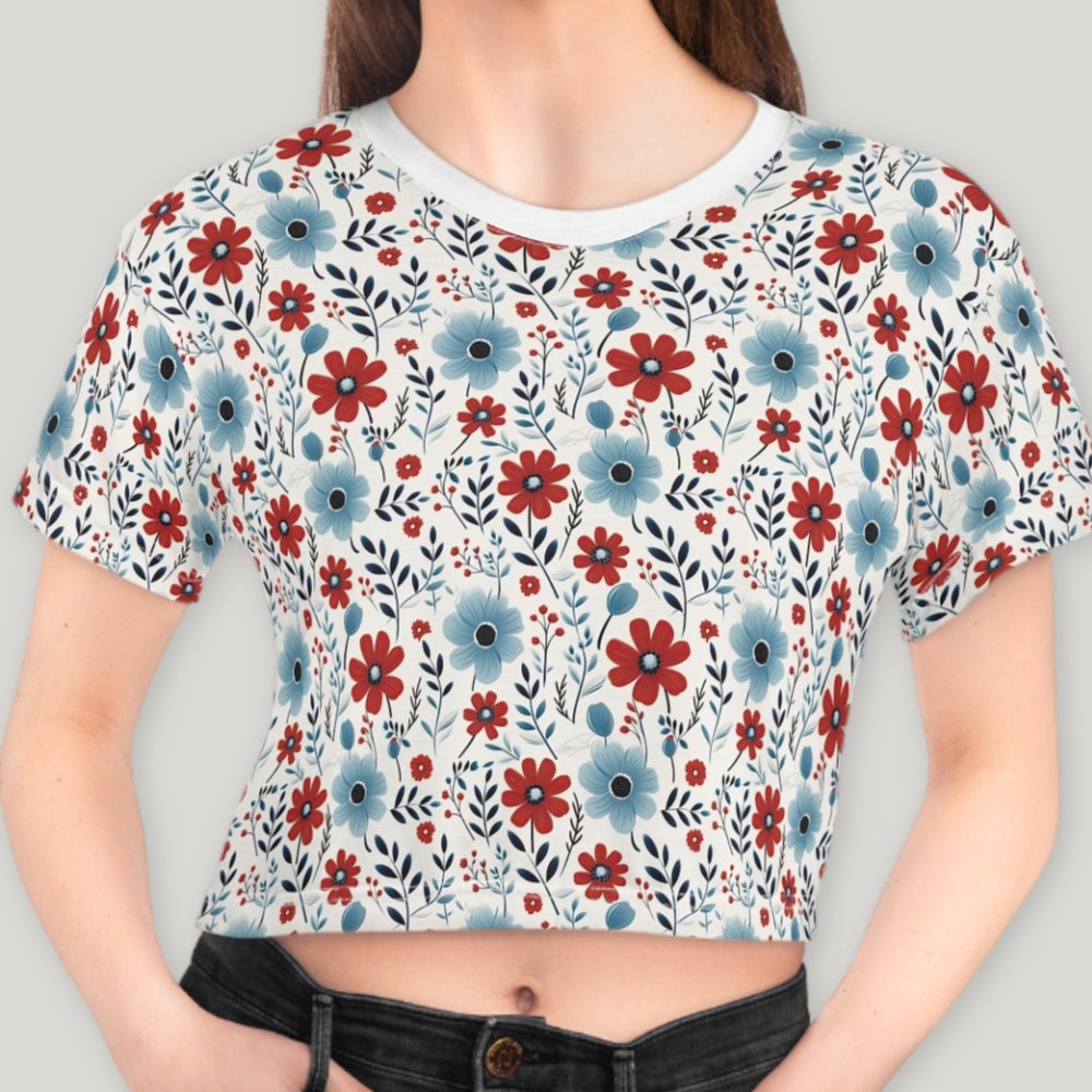 Wildflower T-Shirt Red White Blue Wildflower Crop Tee 4Th Of July Crop Top Mother'S Day Gift Back To School Shirt Independence Day Floral T-Shirt Y2K Baby Tee Back To School Shirt Men Women Realtorgift