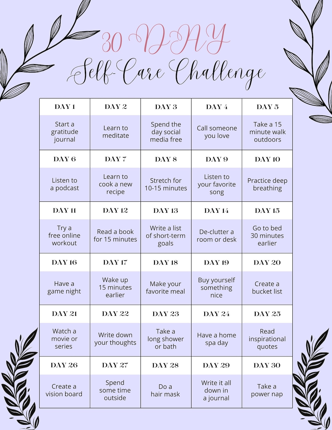 30 Day Self Care Challenge Calendar Printable PDF Etsy