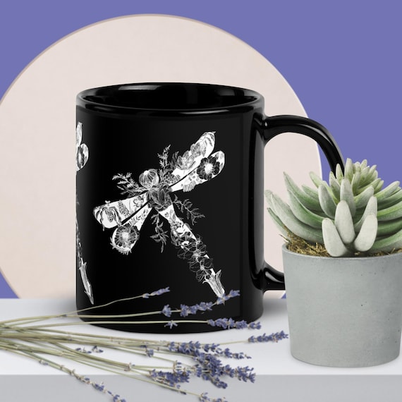 Black & White Sassy Dragonfly on Black Glossy Mug