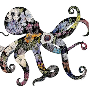 May include: A black octopus silhouette filled with colorful watercolor flowers. The octopus has eight tentacles, each with a unique floral design. The flowers include hydrangeas, irises, sunflowers, and other blooms.