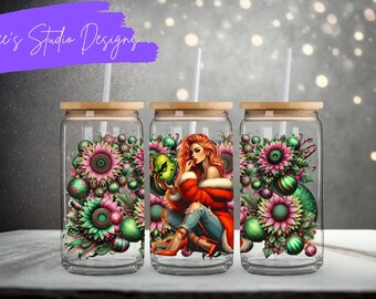 Grinch Girl PNG – Orange Hair with Green & Pink Sunflower - 16oz Sublimation Tumblers