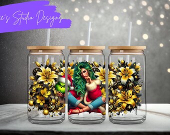 Grinch Girl PNG – Green Hair with Yellow & Black Lily -16oz Sublimation Tumblers