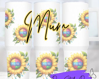 Autism Awareness 40oz – Mum – Sunflower with Coloured Jigsaw Centre – Tumbler Wrap – Sublimation Design