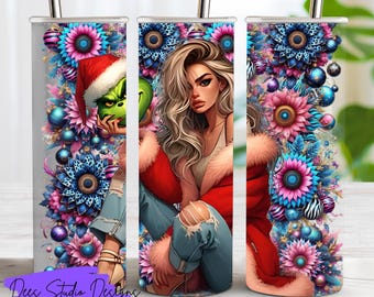 Grinch Girl PNG – beige hair + blue and pink sunflowers – Bundle (16oz, 20oz, 40oz Tumbler + A5 Journal)