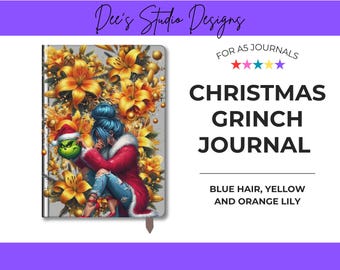 Grinch Girl PNG – Blue Hair with Yellow & Orange Lily - A5 Journal Cover