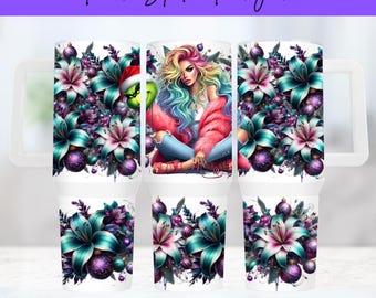 Grinch Girl PNG – Pastel Hair with Teal & Purple Lily - 40oz Sublimation Tumblers