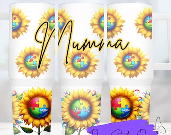 Autism Awareness 40oz – Mumma – Sunflower with Coloured Jigsaw Centre – Tumbler Wrap – Sublimation Design