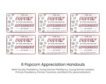 6 documents imprimables à distribuer en guise de remerciement pour le cadeau/une friandise à la Société de Secours, aux Jeunes Filles, à la Primaire et en blanc (pour la personnalisation)