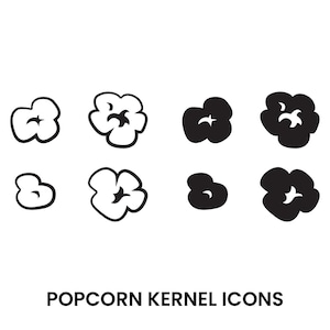 May include: Black and white popcorn kernel icons arranged in two rows on a white background. The text "POPCORN KERNEL ICONS" is displayed below the icons. The icons are in a simple, graphic style.