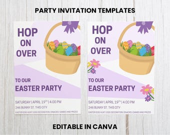 Modèle d'invitation à une fête de Pâques : panier à œufs et fleurs (modifiable sur toile)